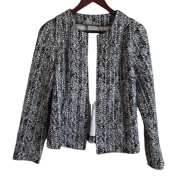Chicos Women Jacket Size 4‎ Black White Abstract Open Front Capsule Workwear - Picture 1 of 9